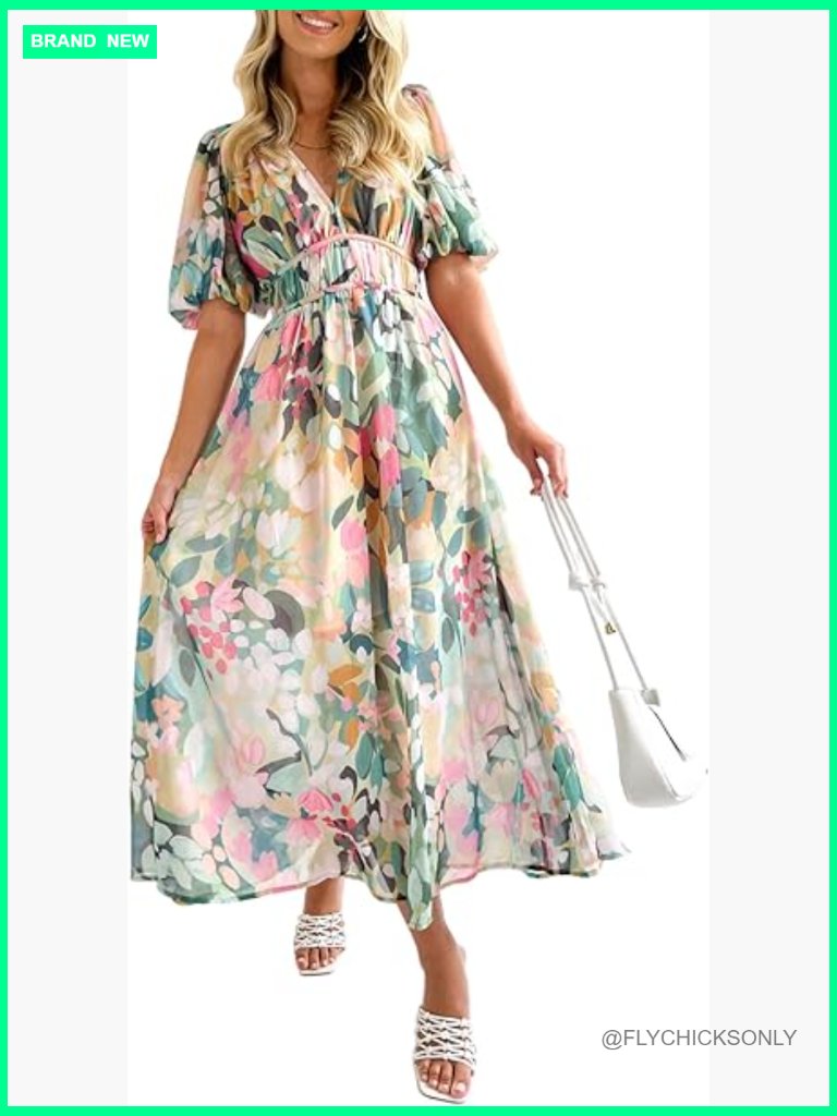 Floral Maxi Dress With Short Sleeves And V-Neck For Wedding Guest